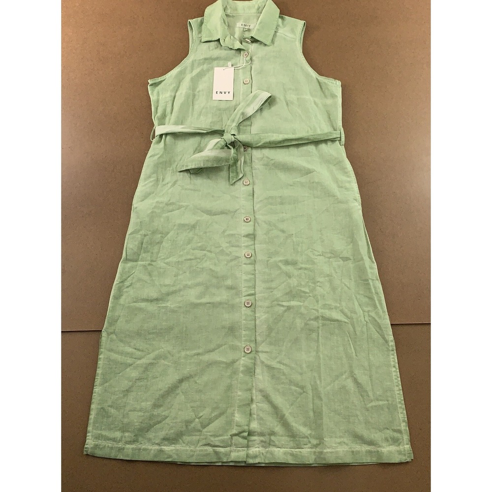 ENVY Womens Size Small Green Linen Blend Sleeveless Belted Shift Midi Dress NWT